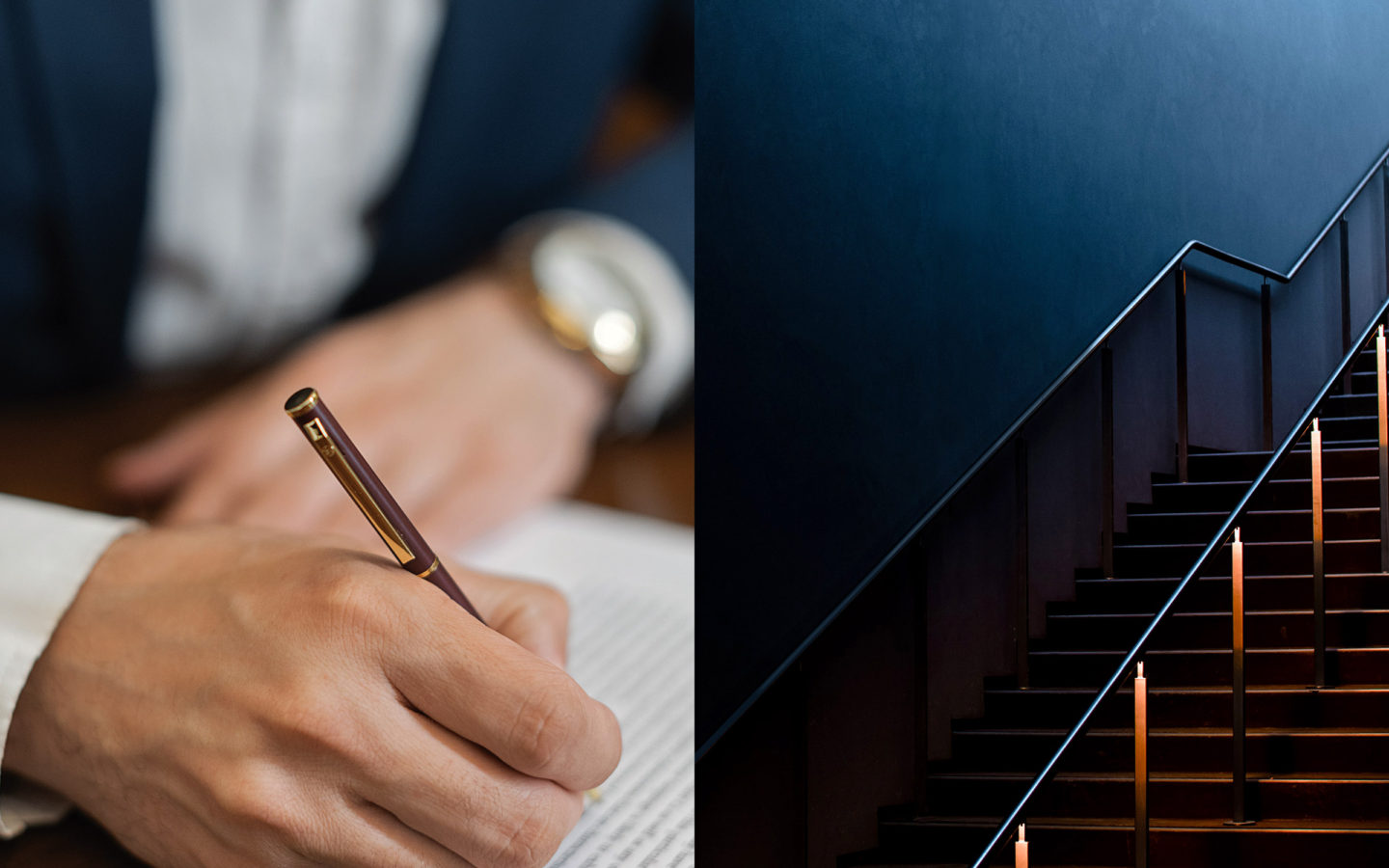 split images of business man writing on notepad with pen, and golden staircase