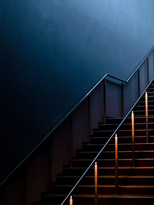 close up of deep blue staircase